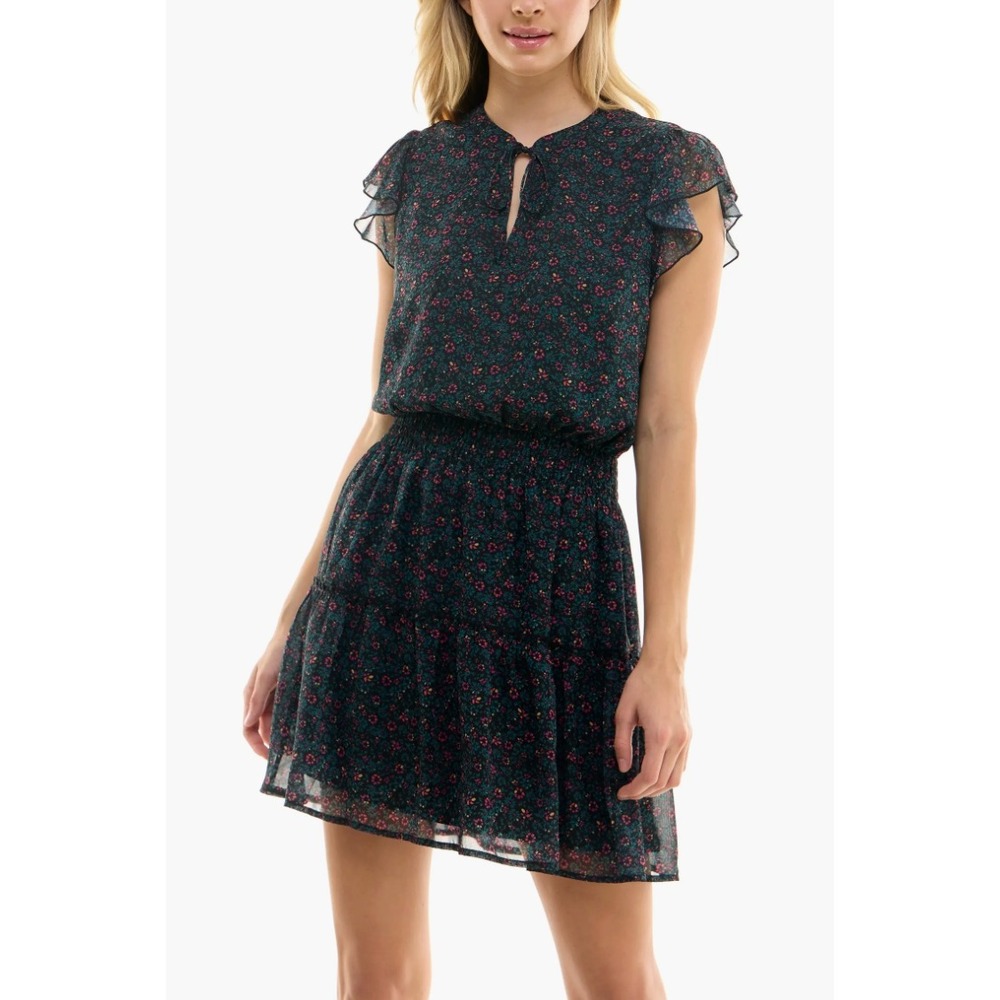 EVEREVE S Keyhole Flutter Sleeve Minidress Floral Smocked Waist Tiered Ruffle